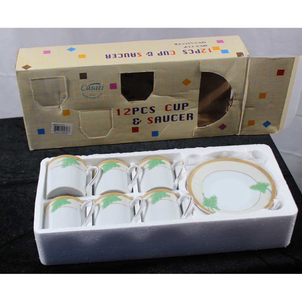 Casati Porcelain Cup & Saucer Set of 6 Green leaves Gold Rim NIB